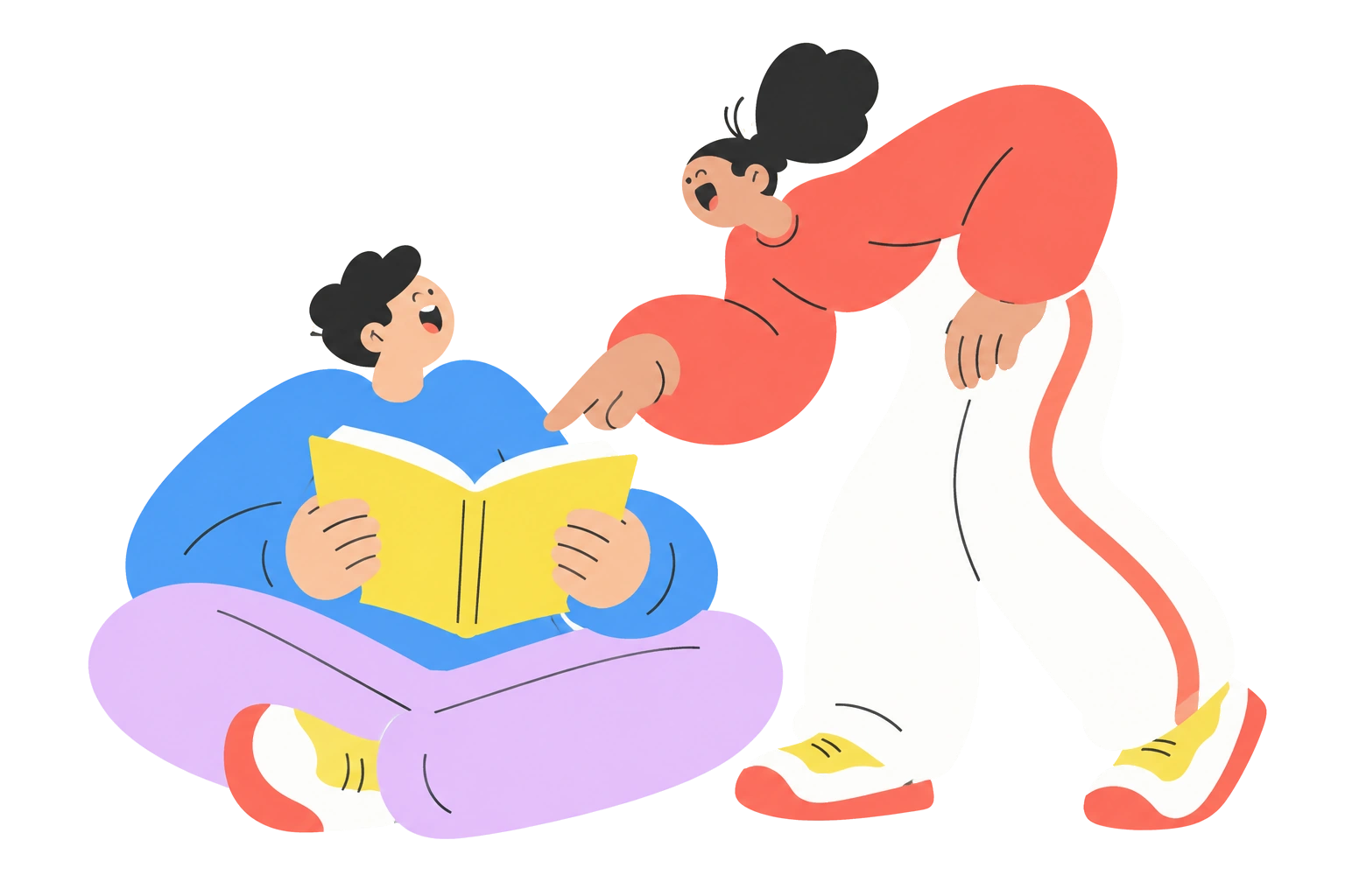 Brand illustration of students reading and sharing ideas
